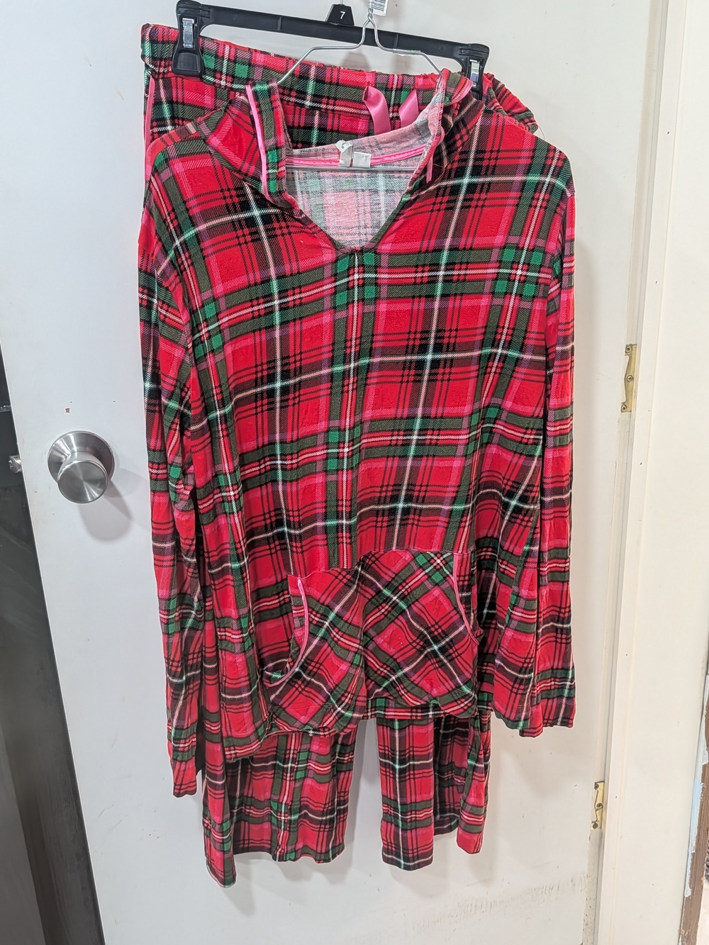 Women's Red Plaid Two-Piece Pajama Set with Hoodie